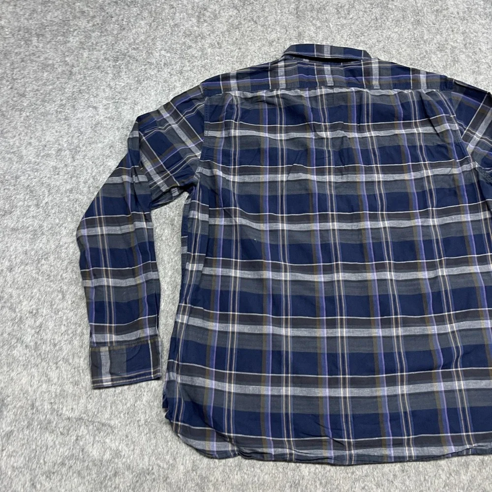 Banana Republic Shirt Mens Large Blue Plaid Linen Organic Cotton Untucked Button